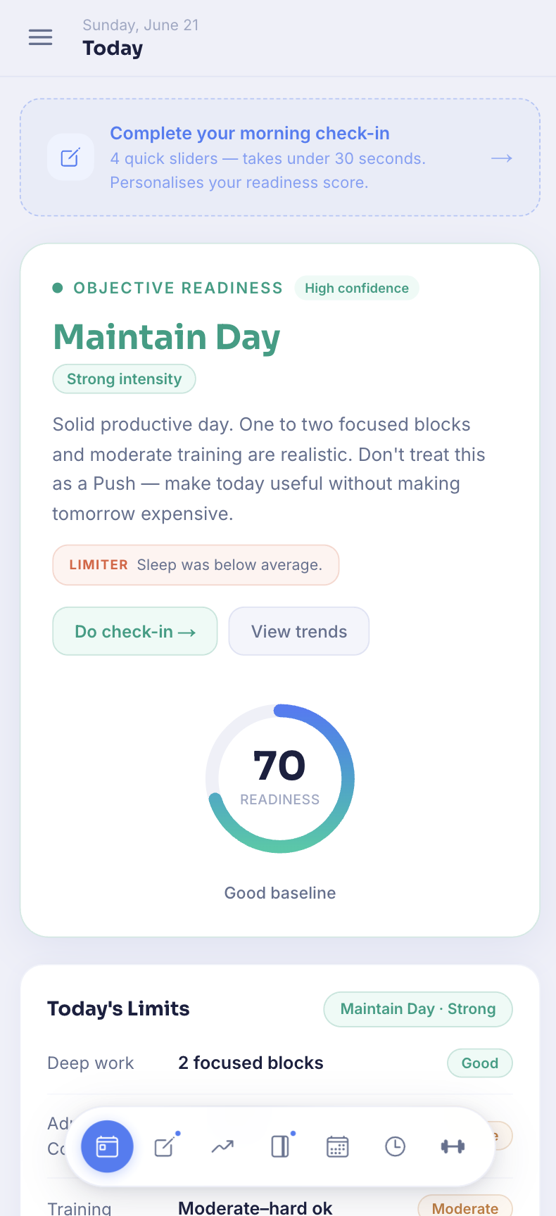 FitAI readiness dashboard showing a score of 70 and Maintain Day recommendation
